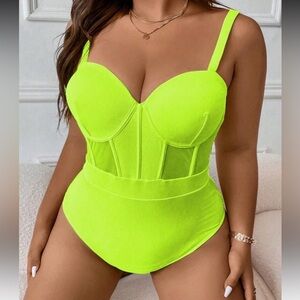 SHEIN Neon Yellow Ribbed One-Piece Swimsuit | Structured Bust | 1XL | High Cut